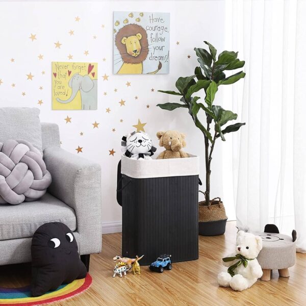 Bambukinis juodas krepšys skalbiniams sulankstomas