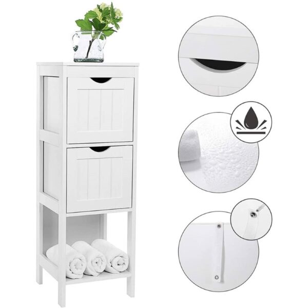 Pastatoma balta vonios spintelė keičiamais stalčiais