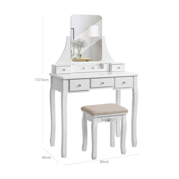 Klasikinis kosmetinis staliukas | LED apšvietimas | Kėdutė | Balta