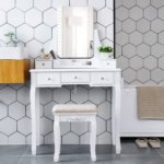 Klasikinis kosmetinis staliukas | LED apšvietimas | Kėdutė | Balta