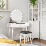 Modernus kosmetinis staliukas su LED apšvietimu ir taburete | Balta