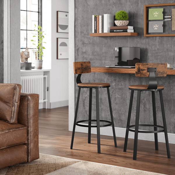 Industrinio stiliaus baro kėdės su atlošu 73 cm | 2 vnt. kompl. | Ruda