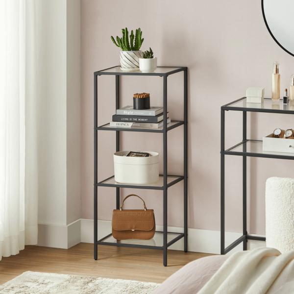 Stiklinė lentyna metaliniu rėmu | 4 lentynos | Juoda