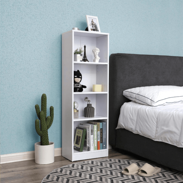 Baltos spalvos 4 skyrių knygų lentyna | 40 x 24 x 121 cm