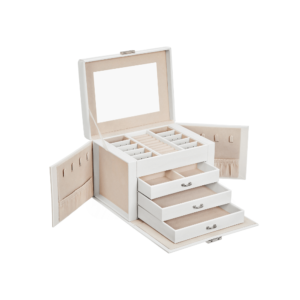 Baltos spalvos papuošalų dėžutė su 4 skyriais