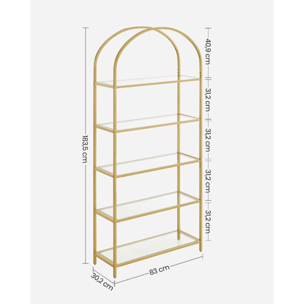 Grūdinto stiklo auksinė 5 pakopų lentyna su arka | 83 x 30 x 183 cm