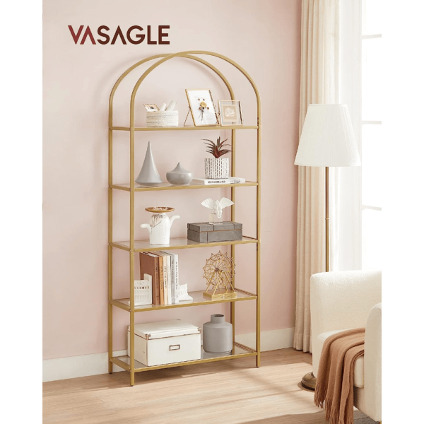 Grūdinto stiklo auksinė 5 pakopų lentyna su arka | 83 x 30 x 183 cm