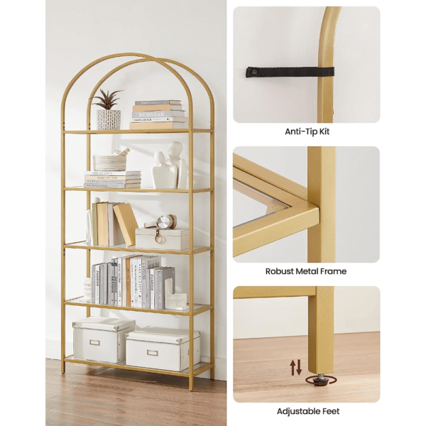 Grūdinto stiklo auksinė 5 pakopų lentyna su arka | 83 x 30 x 183 cm