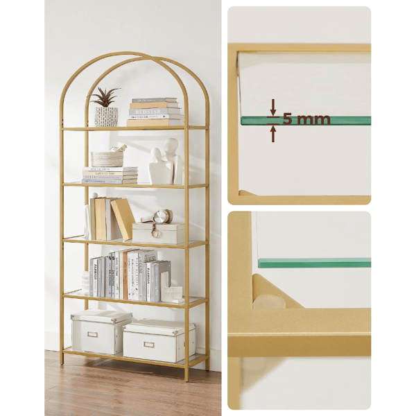 Grūdinto stiklo auksinė 5 pakopų lentyna su arka | 83 x 30 x 183 cm