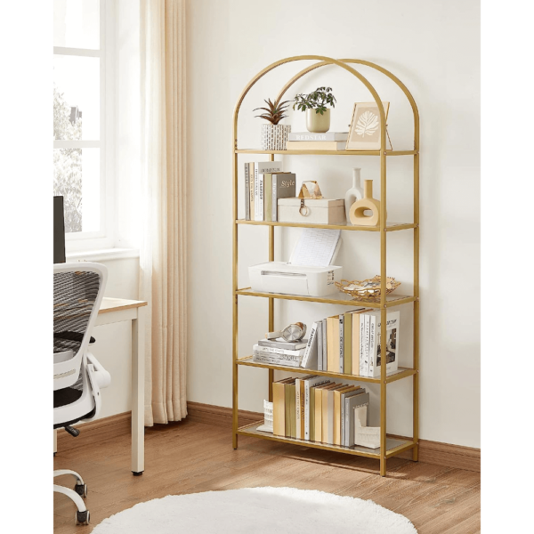 Grūdinto stiklo auksinė 5 pakopų lentyna su arka | 83 x 30 x 183 cm