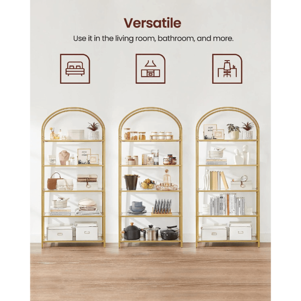 Grūdinto stiklo auksinė 5 pakopų lentyna su arka | 83 x 30 x 183 cm