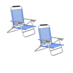 2 paplūdimio kėdės su nuimamu atlošu, mėlynai ir baltai dryžuotos