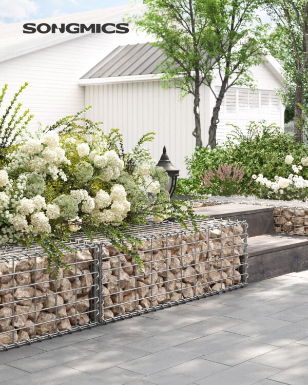 Gabionų krepšiai su 5 x 10 cm akių dydžiu, 4 sidabriniai krepšiai