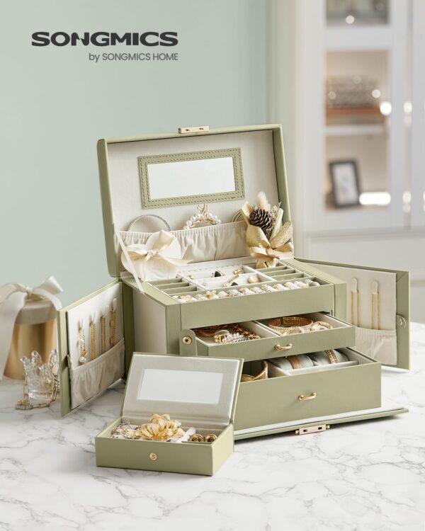 Juvelyrinių dirbinių dėžutė 3 lygių PU dangtelis, lauro žalia