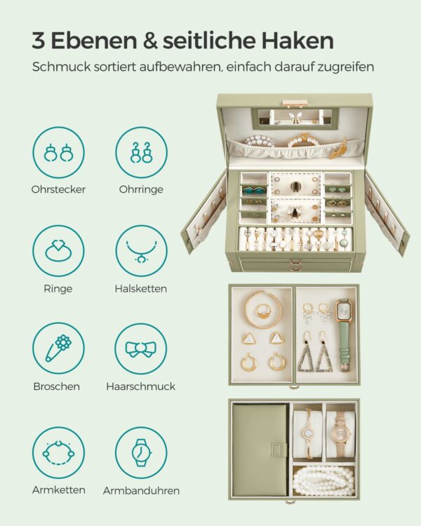 Juvelyrinių dirbinių dėžutė 3 lygių PU dangtelis, lauro žalia