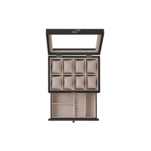 Laikrodžių dėžutė su 8 skyriais, pagaminta iš juodos spalvos medžio masyvo