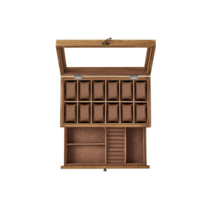 Laikrodžių dėžutė su 12 skyrių, pagaminta iš medžio masyvo, riešutmedžio spalvos