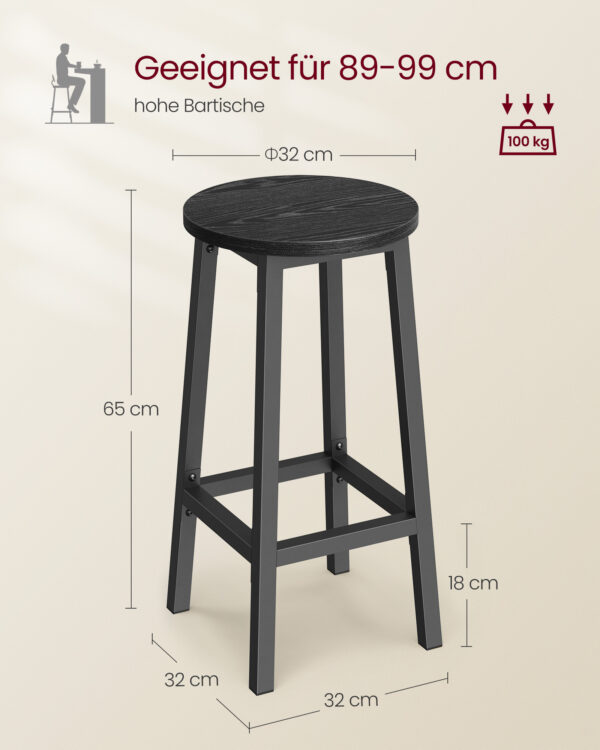 Apskritos pusbario kėdės 65 cm | 2 vnt. kompl. | Juoda