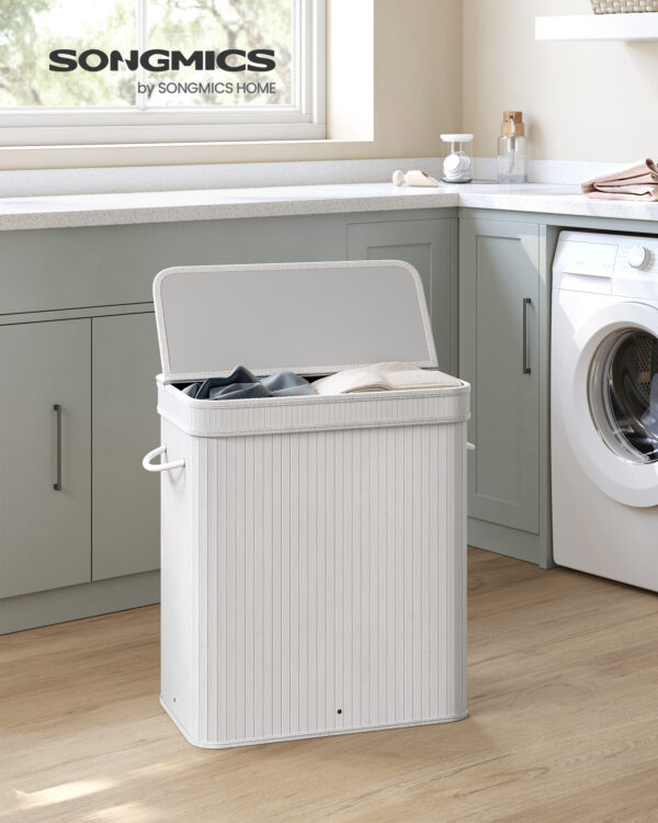 100 litrų skalbinių krepšys iš bambuko su dangčiu ir rankenomis baltos spalvos