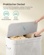 100 litrų skalbinių krepšys iš bambuko su dangčiu ir rankenomis baltos spalvos