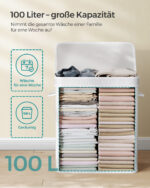 100 litrų skalbinių krepšys iš bambuko su dangčiu ir rankenomis baltos spalvos