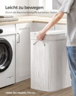 100 litrų skalbinių krepšys iš bambuko su dangčiu ir rankenomis baltos spalvos