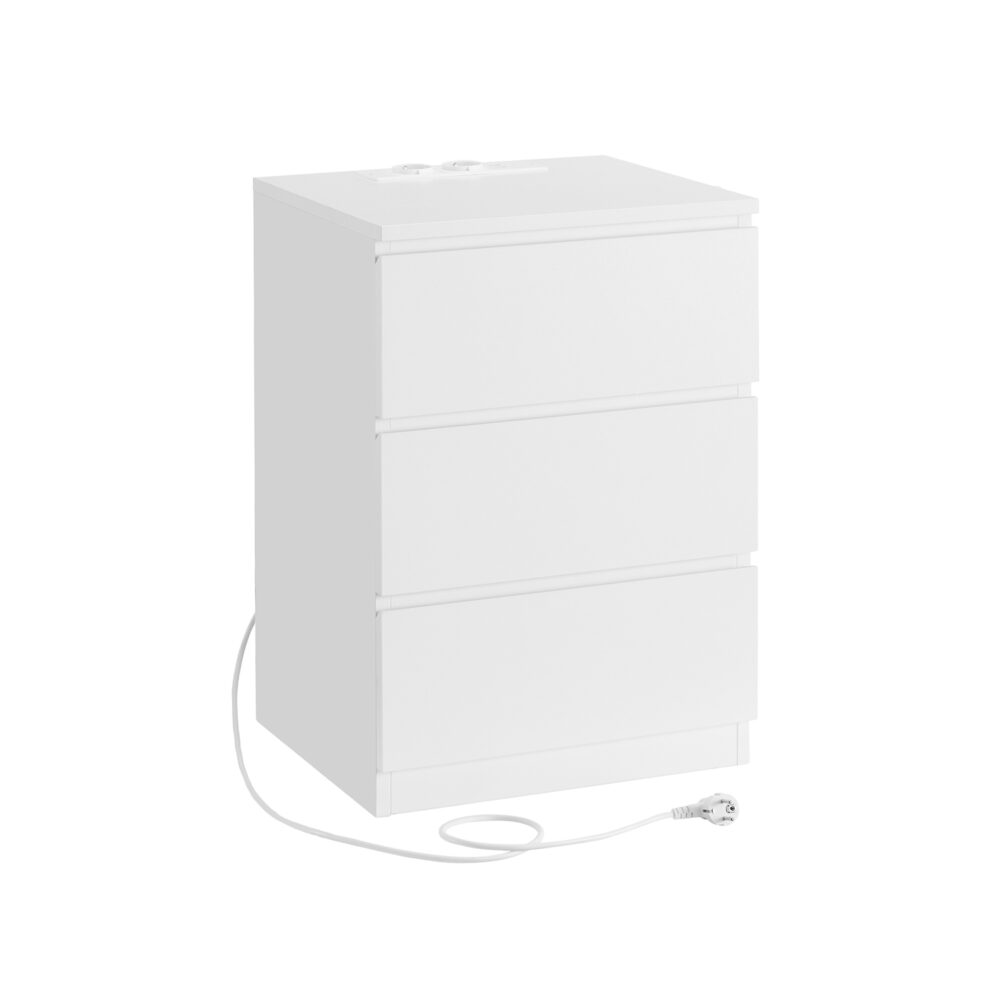 LET631W14-1 Naktinė spintelė su 3 stalčiais | USB ir el. lizdai | Klasikinė balta