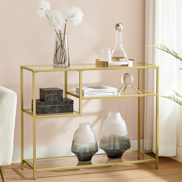 Modernus grūdinto stiklo ir metalo konsolinis staliukas | 35 x 100 cm | Auksinė