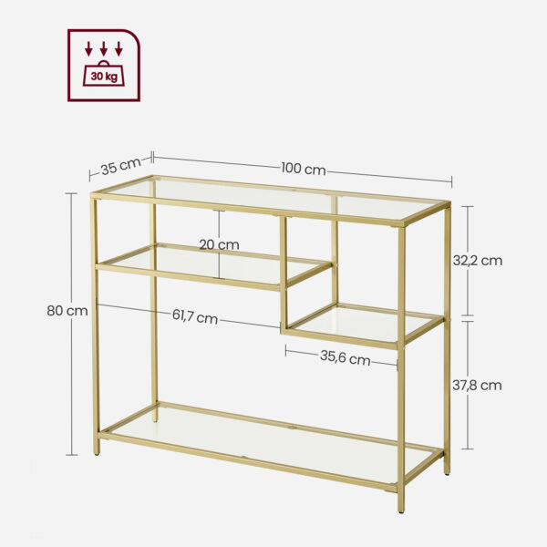 Modernus grūdinto stiklo ir metalo konsolinis staliukas | 35 x 100 cm | Auksinė