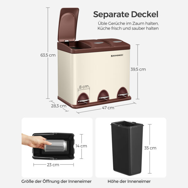 3 x 8 litrų šiukšlių dėžė su dangčiu ir vidine šiukšliadėže kreminė-baltai ruda