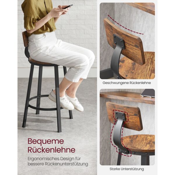 Industrinio stiliaus baro kėdės su atlošu 62,5 cm | 2 vnt. komplektas