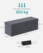 Tvirtas lengvas pufas su daiktadėže | 110 x 38 x 38 cm | 300 kg | Pilka