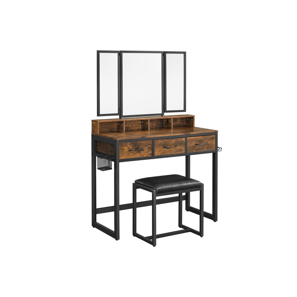 RVT004B01-1 Kosmetinis staliukas | Kėdutė | Laikikliai | Atlenkiamas veidrodis | Rustic ruda