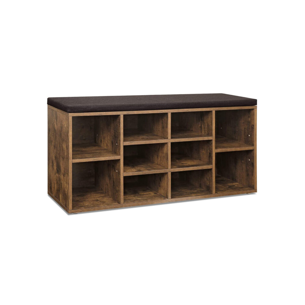 Schuhbank-mit-verstellbaren-Trennwaenden-LHS10BX-1 Batų suoliukas industrinio stiliaus | 10 porų batų lentyna | “Rustic” ruda