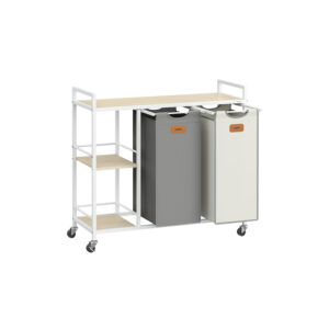 Skalbinių krepšys ant ratukų | 3 lentynos | Ištraukiami 2 krepšiai | 100L | Balta, Pilka, Smėlio