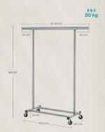 Drabužių kabykla ant ratukų iki 90 kg | 45,4 x (92-132) x 160 cm | Pilka