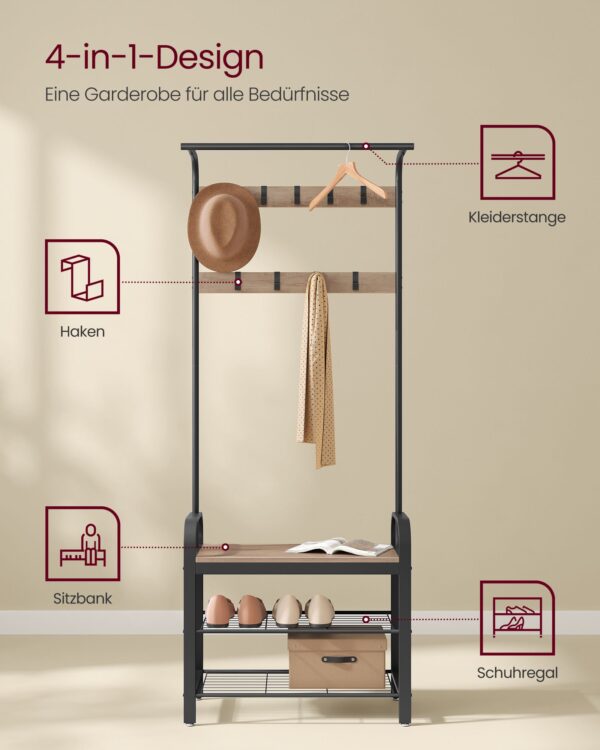 Sendinta prieškambario kabykla | 9 kabliukai | 33,7 x 72 x 183 cm | Juoda, Ruda