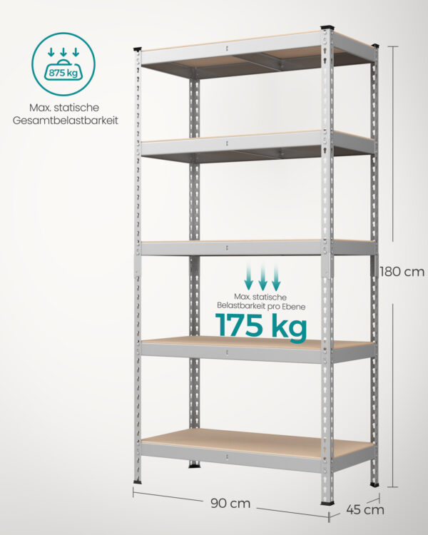 Itin patvari Sandėliavimo lentyna | Apkrova iki 875 kg | 45 x 90 x 180 cm | Pilka