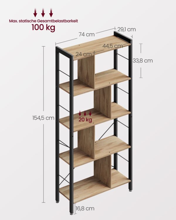 Pastatoma knygų lentyna metaliniu rėmu | 30 x 74 x 154,5 cm | Juoda, Ruda