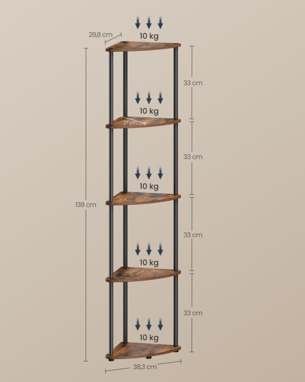 Kampinė pastatoma lentyna su 5 lygiais | 38,3 x 27 x 139 cm | Ruda