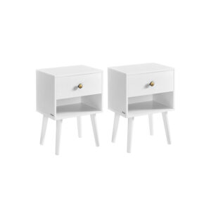 Naktinių staliukų su stalčiumi ir lentyna komplektas | 2 vnt. | 28 x 39 x 55 cm | Balta