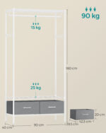 Pastatoma Drabužių kabykla su 2 stalčiais | 40 x 90 x 180 cm | Balta, Pilka