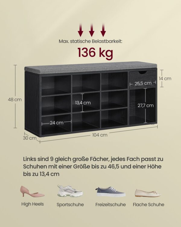 Suoliukas batams su stalčiumi | 10 porų | 30 x 104 x 48 cm | Juoda, Pilka