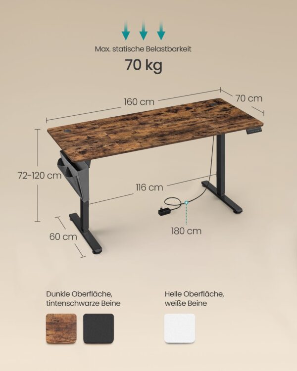 Reguliuojamo aukščio stalas elektrinis 70 x 160 x (72-120) cm | 60 x 160 | Juoda, Ruda