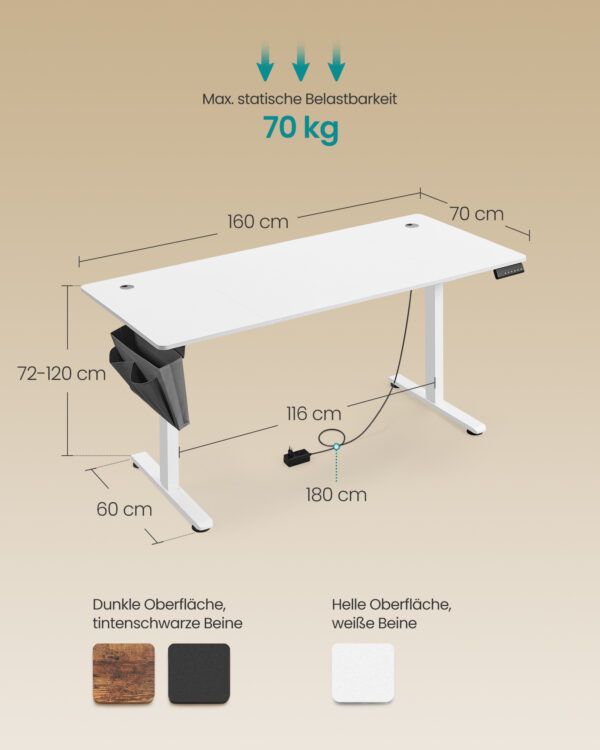 Reguliuojamo aukščio stalas elektrinis 70 x 160 x (72-120) cm | 60 x 160 | Balta