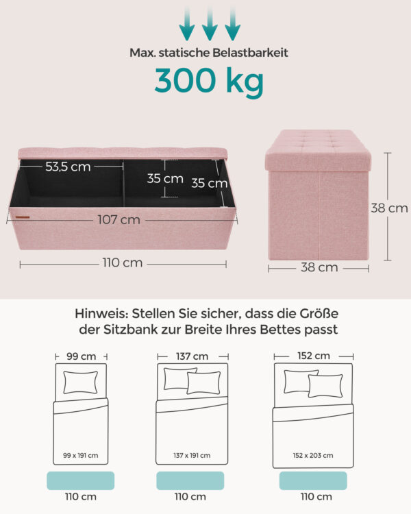 Tvirtas minkštasuolis iki 300kg | Pufas su daiktadėže | 38 x 110 x 38 cm | Rožinė
