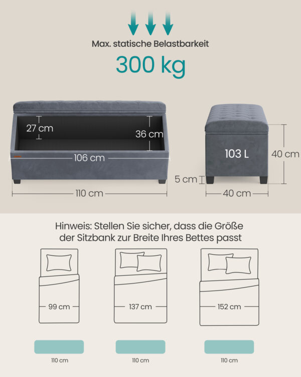 Minkštasuolis su daiktadėže ant kojelių | 300 kg | 40 x 110 x 40 cm | Pilka