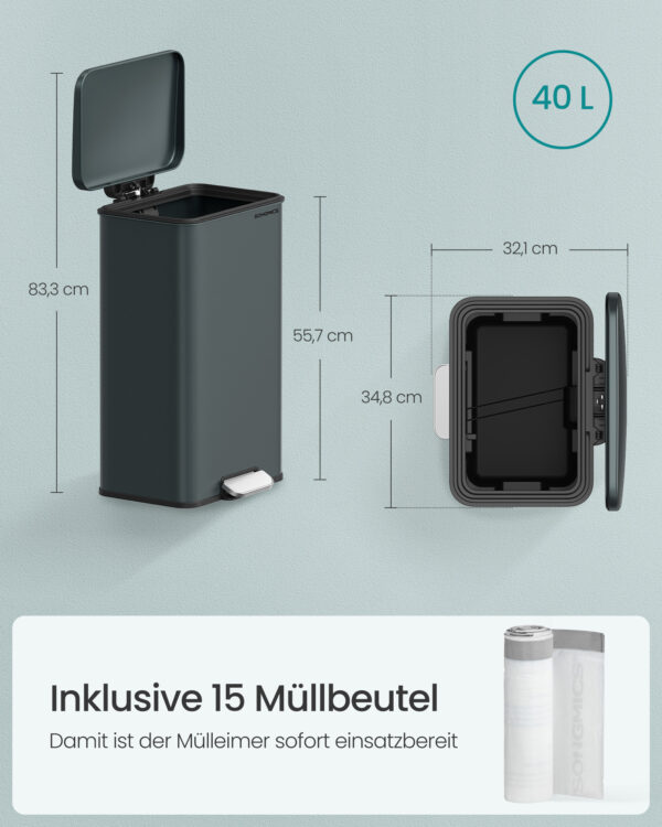 Virtuvės šiukšliadėžė su dangčiu | 15 maišų | 40L | 34,8 x 32,1 x 55,7 cm | Pilka