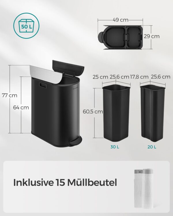 Rūšiavimo šiukšliadėžė 2 skyriai | 30L ir 20L | 25,6 x 17,8 x 60,5 | Juoda