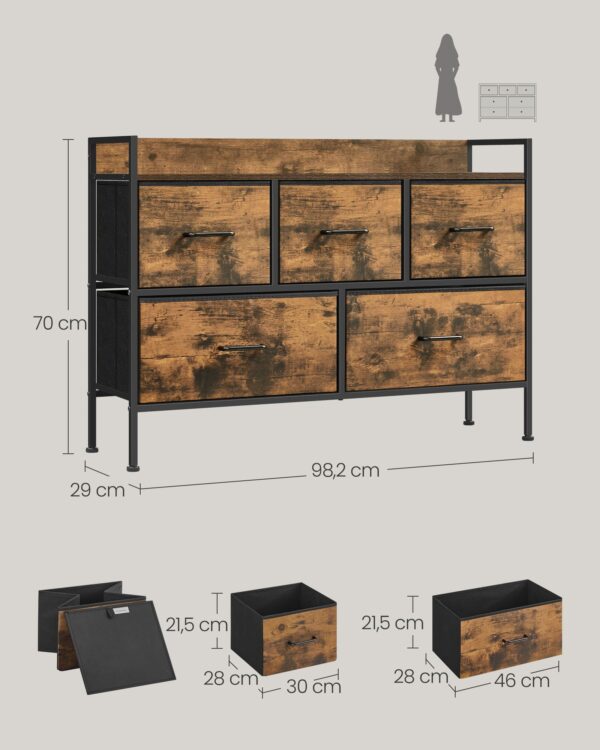 Komoda su 5 medžiaginiais stalčiais | 29 x 98,2 x 70 cm | Juoda, Ruda